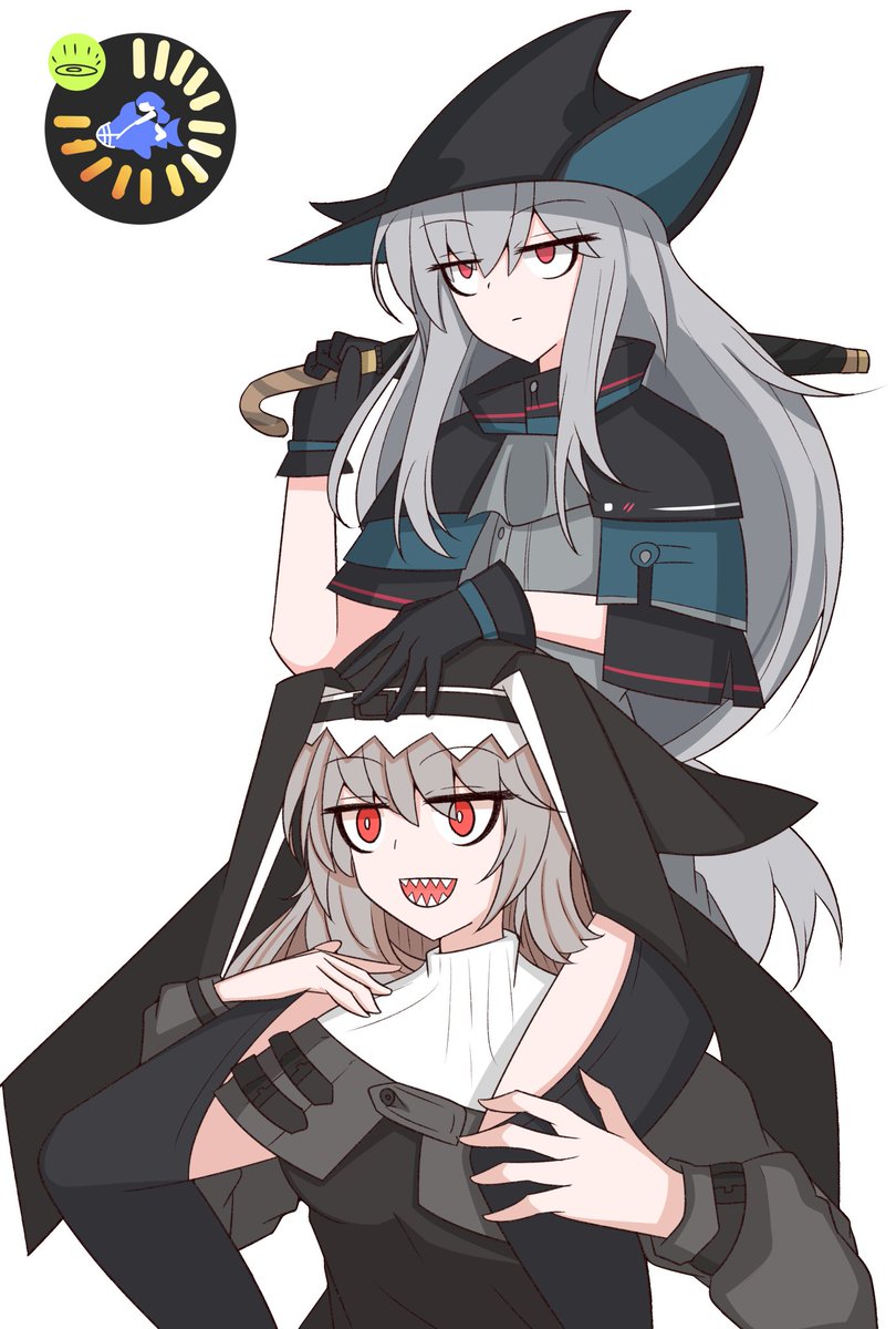 skadi (arknights) ,specter (arknights) red eyes multiple girls 2girls sharp teeth black headwear black capelet grey hair  illustration images