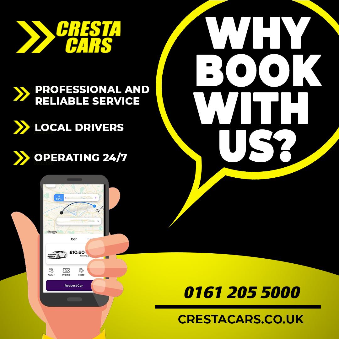 Why you should book with us!

Download the FREE app today: onelink.to/crestacarstaxi
0161 205 5000
Crestacars.co.uk
.
.
.
.
#safetaxitravel #crestacars #taxi #cabs #manchester #privatehire #googleplay #choosecresta #applepay
