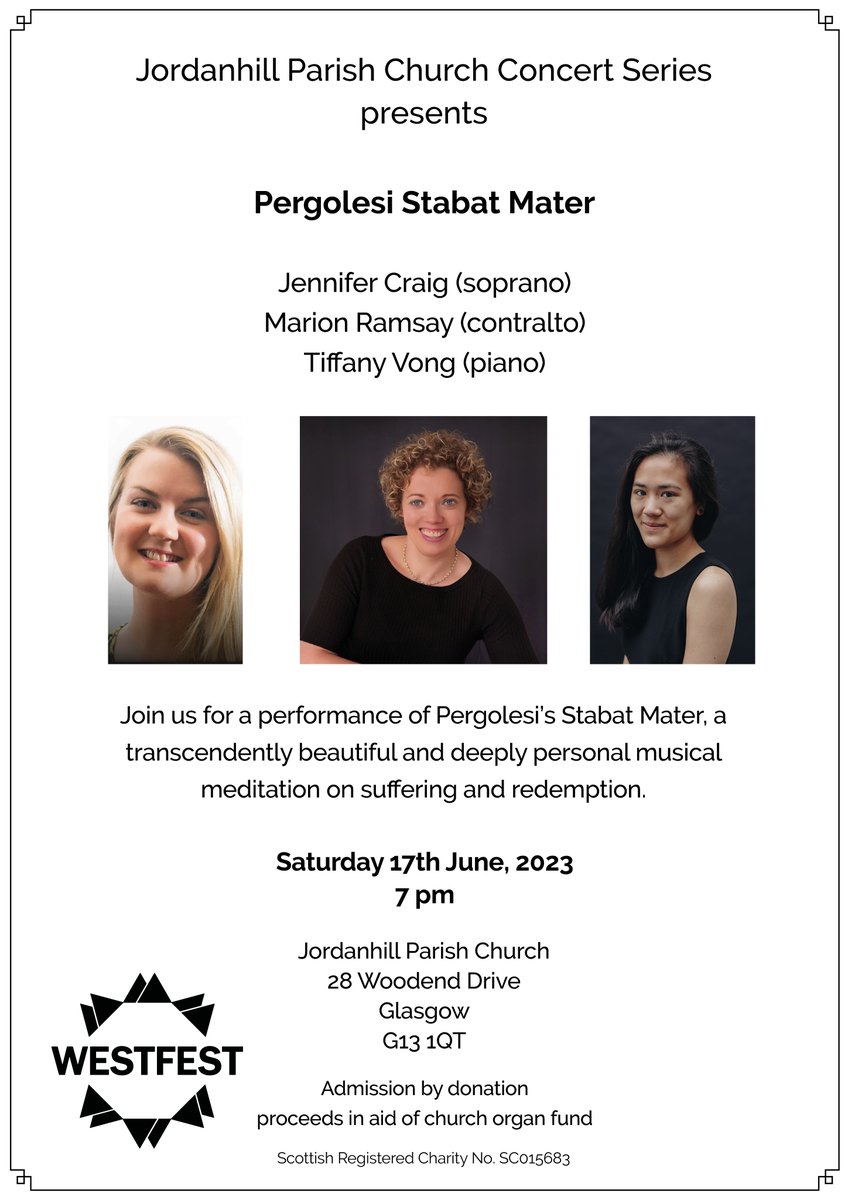Pergolesi Stabat Mater: Saturday 17th June, 7 pm, Jordanhill Parish Church. Come along to hear this beautiful music! Thanks to Duncan Baddon for stepping in for Marion Ramsay for this performance. @WestFestGlasgow <a href="/Jordanhill_News/">Jordanhill, Glasgow</a> <a href="/WhatsOnGlasgow/">What's On Glasgow</a>