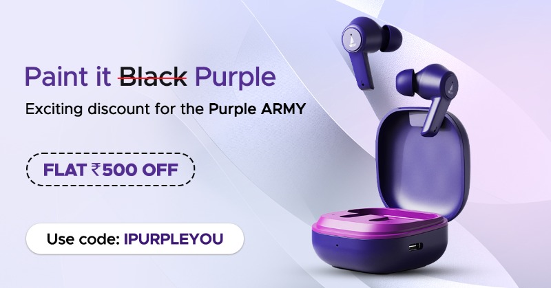 RockWithboAt's tweet photo. We're celebrating our love for the purple ARMY with FLAT ₹500 OFF on all things purple! Shop the best of boAt at the best of prices, using code: IPURPLEYOU.