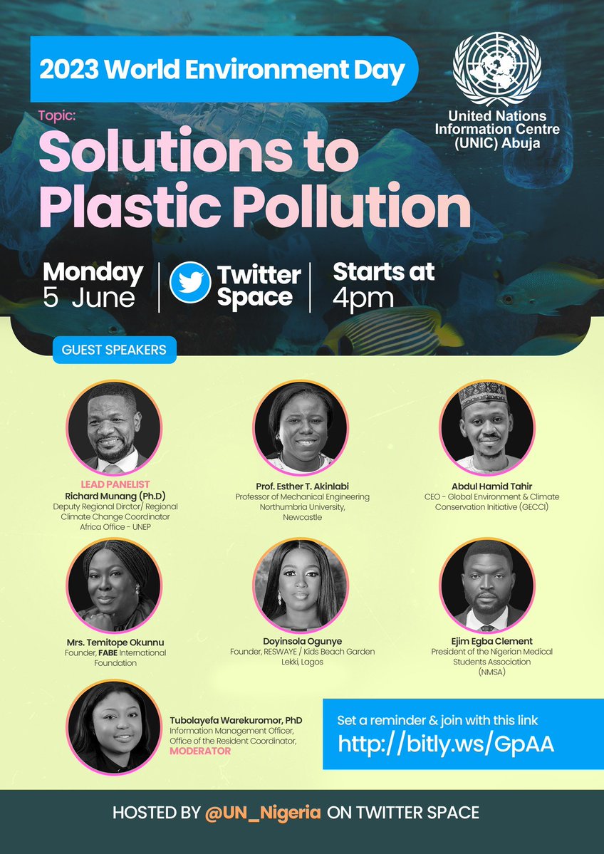 Join the fight against plastic pollution and make a difference for our planet! On #worldenvironmentday2023 today, let's unite as a global community to find sustainable solutions for a cleaner and healthier future. Don't miss the upcoming Twitter Space discussion with @UN_Nigeria…