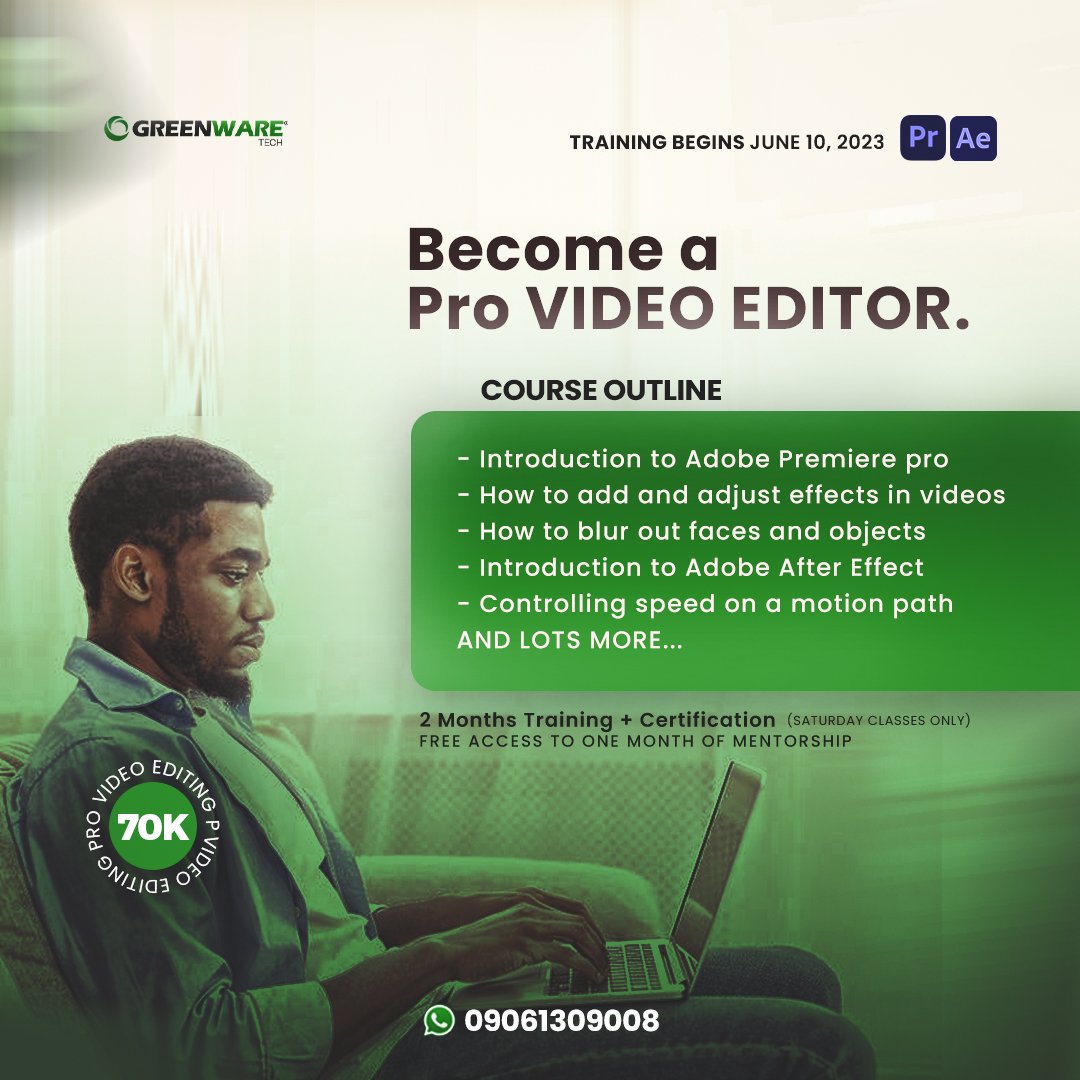 GreenWareTech's tweet photo. Registration is still ongoing for our video editing training
Training starts June 10
For more info/registration, kindly send us a DM or a WhatsApp message to +2349061309008
#greenwaretech #videoediting #videoeditingtraining #learnvideoediting #techskill #adobepremierepro https://t.co/beQEQjDemz