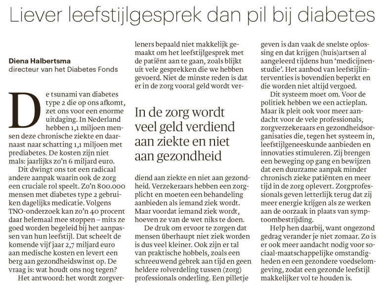 De diabetescrisis vraagt om een radicaal andere aanpak met minder medicatie en meer gezond leven. Lees het hele opiniestuk in Trouw: lnkd.in/gs2Jy-5U
#leefstijlzorg #gezondheid #diabetestype2
