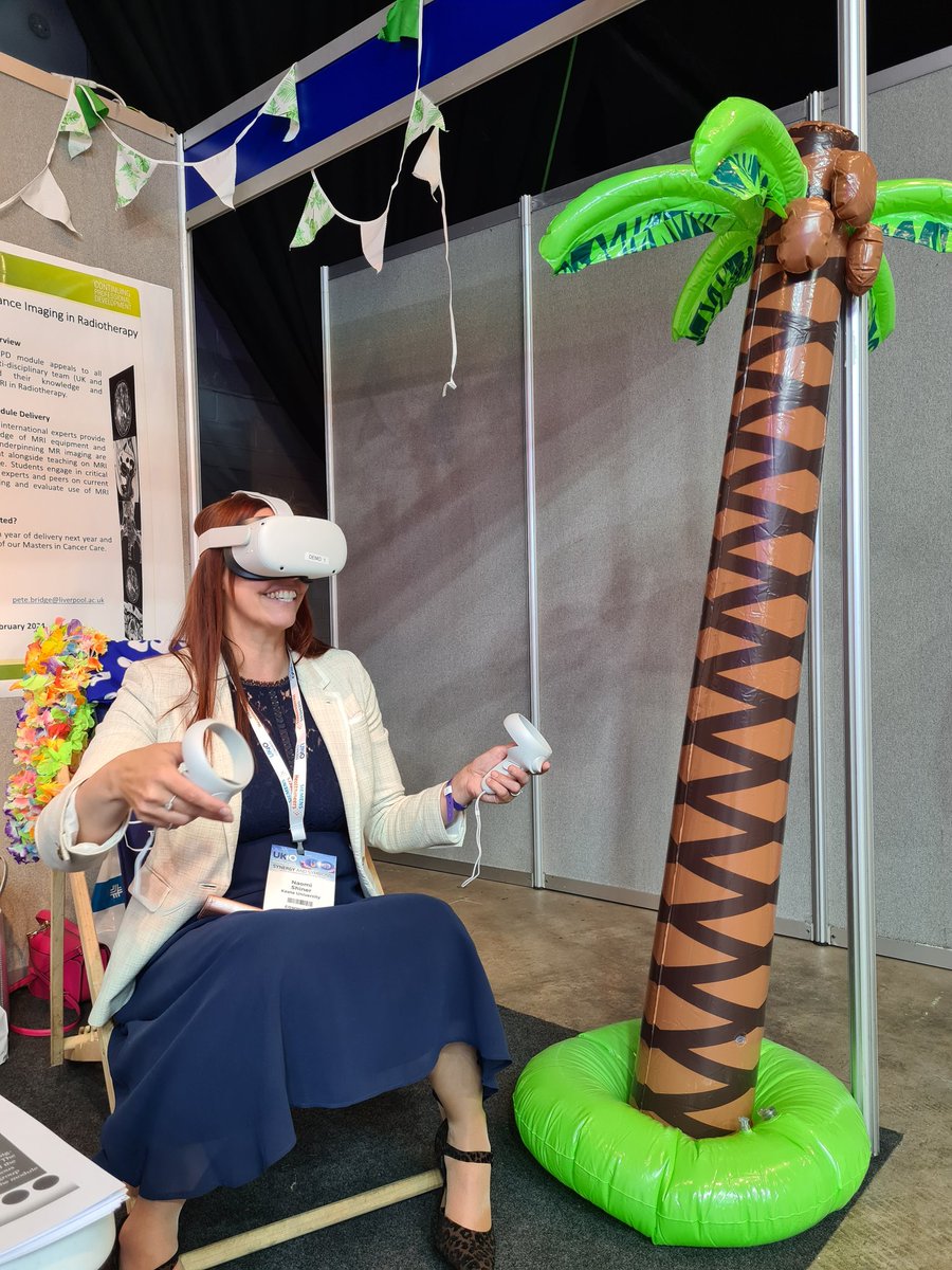 Professor Shiner @naomi_shiner at #UKIO2023 stand A19 relaxing on the @LivUniRT virtual reality island, SHELTA!  We'll meet you on the beach by the campfire...👀🌅 #studentwellbeing #RT #UoL @drpbridge