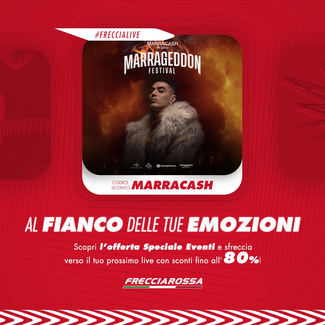 Frecciarossa_IT's tweet photo. 🔥 @marracash torna con due grandi eventi live! Sfreccia verso il #MarrageddonFestival con l’offerta #SpecialeEventi: usa il codice MARRACASH e raggiungi Milano e Napoli con sconti fino all’80% 🚄👉https://t.co/8iZHJUPD1g @officialFandP #FrecciaLive #FrecciarossaExperience https://t.co/Laipybn2Jc