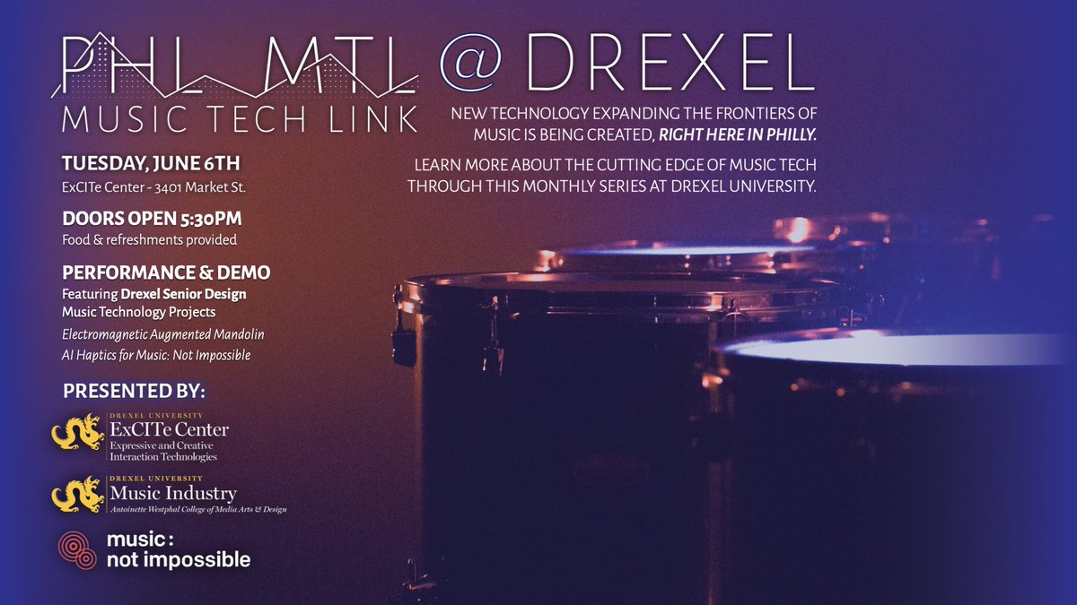 excitecenter's tweet photo. Tomorrow! #PHL_MTL features 2 more awesome demos &amp; presentations from our @DrexelEngr Senior Design team projects!

- The Mag-dolin: augmented mandolin
- AI for Music: Not Impossible

Join us Tue. June 6! (Doors open 5:30pm)
3401 Market St.
Register: https://t.co/xvVpKfhEC6 https://t.co/UAX8VyHRM7
