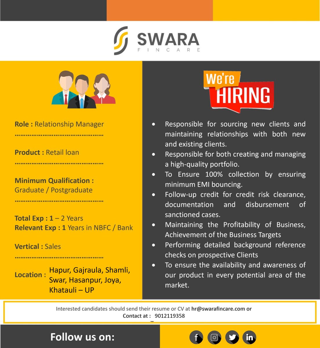 Come and Join Us!
We are Hiring for the profile of Relationship Manager for Individual lending – Unsecured loans.
.
.
.
.
.
#Swarafincare #Swara #NBFC #relationshipmanager #Sales #Salesofficer #salesmanager #fieldofficer #Wearehiring #jobopening #JobAlert #Hiring #jobopportunity