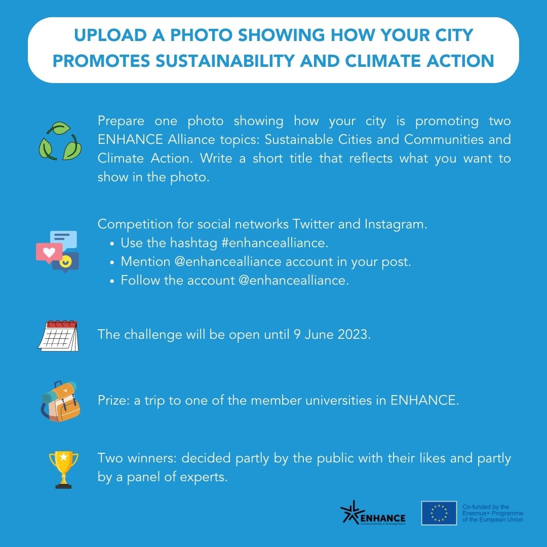 Last week to participate in our📱II Social Media Challenge. Win a trip!
So quickly, take a photo📸 that shows how your city 🏙️promotes sustainability🌳 and climate action. 
Which kind of photo can you take? Here are some examples 👇
🔗enhanceuniversity.eu/social-media-c…
#shapingeurope