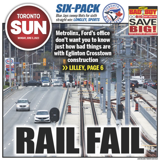 TheTorontoSun's tweet image. RAIL FAIL: Metrolinx, Ford's office don't want you to know just how bad things are with Eglinton Crosstown construction Via @brianlilley torontosun.com/opinion/column…
