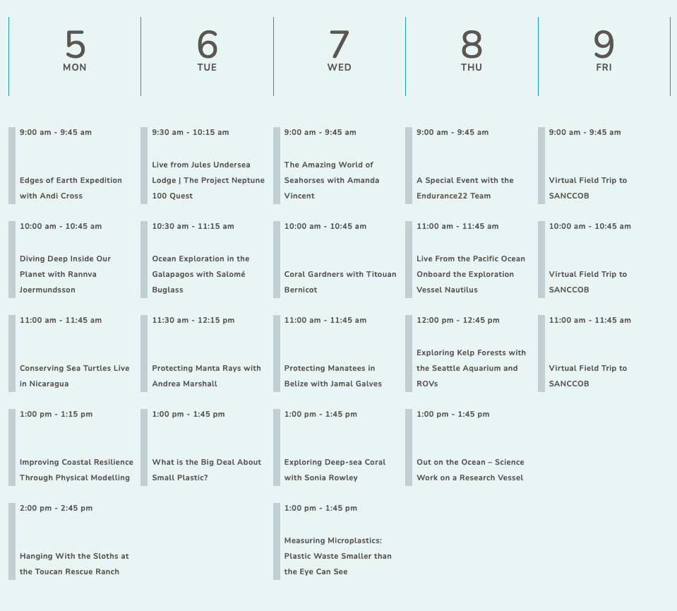 Five days. 21 broadcasts. One global ocean. 

Come join us #WorldOceansDay and an entire week of epic broadcasts with some of the coolest scientists and explorers on earth.

Seriously even just reading the calendar view is epic.

Learn more at exploringbytheseat.com