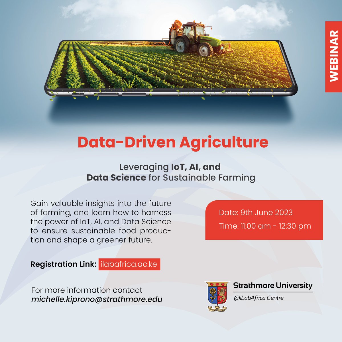 iLabAfrica's tweet image. Ready to revolutionize agriculture? 

Join us for our webinar on &quot;Data-Driven Agriculture&quot; on 9th June.

Learn how the latest tech can help ensure sustainable food production through #IoT, #AI,  &amp;amp; #DataScience are transforming farming practices. 

To Join:
ilabafrica.ac.ke/index.php/data…