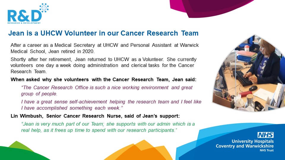 R&D at UHCW (@uhcw_randd) on Twitter photo Jean has been a <a href="/nhsuhcw/">UHCW NHS Trust</a> volunteer with our Cancer Research Team since 2020.
Find out below why Jean volunteers and how her support is so important.
Thank you Jean!
#VolunteersWeek2023 Jean has been a <a href="/nhsuhcw/">UHCW NHS Trust</a> volunteer with our Cancer Research Team since 2020.
Find out below why Jean volunteers and how her support is so important.
Thank you Jean!
#VolunteersWeek2023