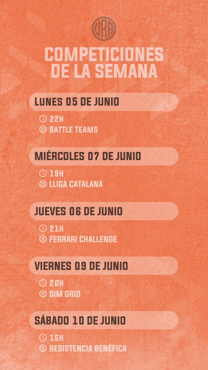 Otra semana más, el equipo #RambootVRA tiene la agenda llena de competiciones🤯

📆Lunes a las 22h, Battle Team
📆Miércoles a las 19h, Lliga Catalana
📆Jueves a las 21h, Ferrari Challenge
📆Viernes a las 20h, Sim Grid
📆Sábado a las 16h, Resistencia benéfica

¡VAMOS!💪🏽