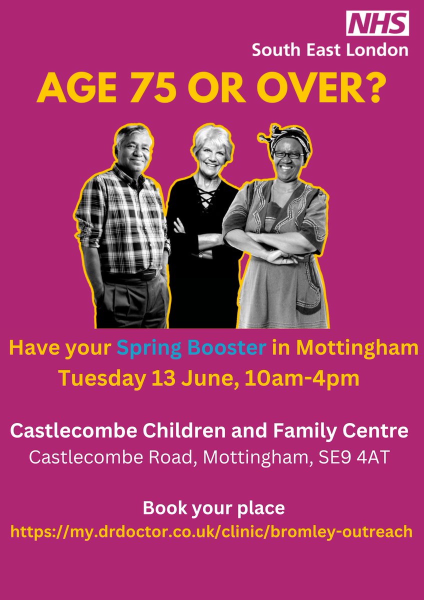📢Are you over 75 and in #Mottingham? Have you had your #COVID #SpringBooster? We have a pop-up clinic on Tue 1⃣3⃣ June at Castlecombe Children and Family Centre. Book your place at my.drdoctor.co.uk/clinic/bromley… @MBLR_Mott @MCNwardteam @BR7BR5BR1News @LinksMedicalPr @ChislehurstPPG