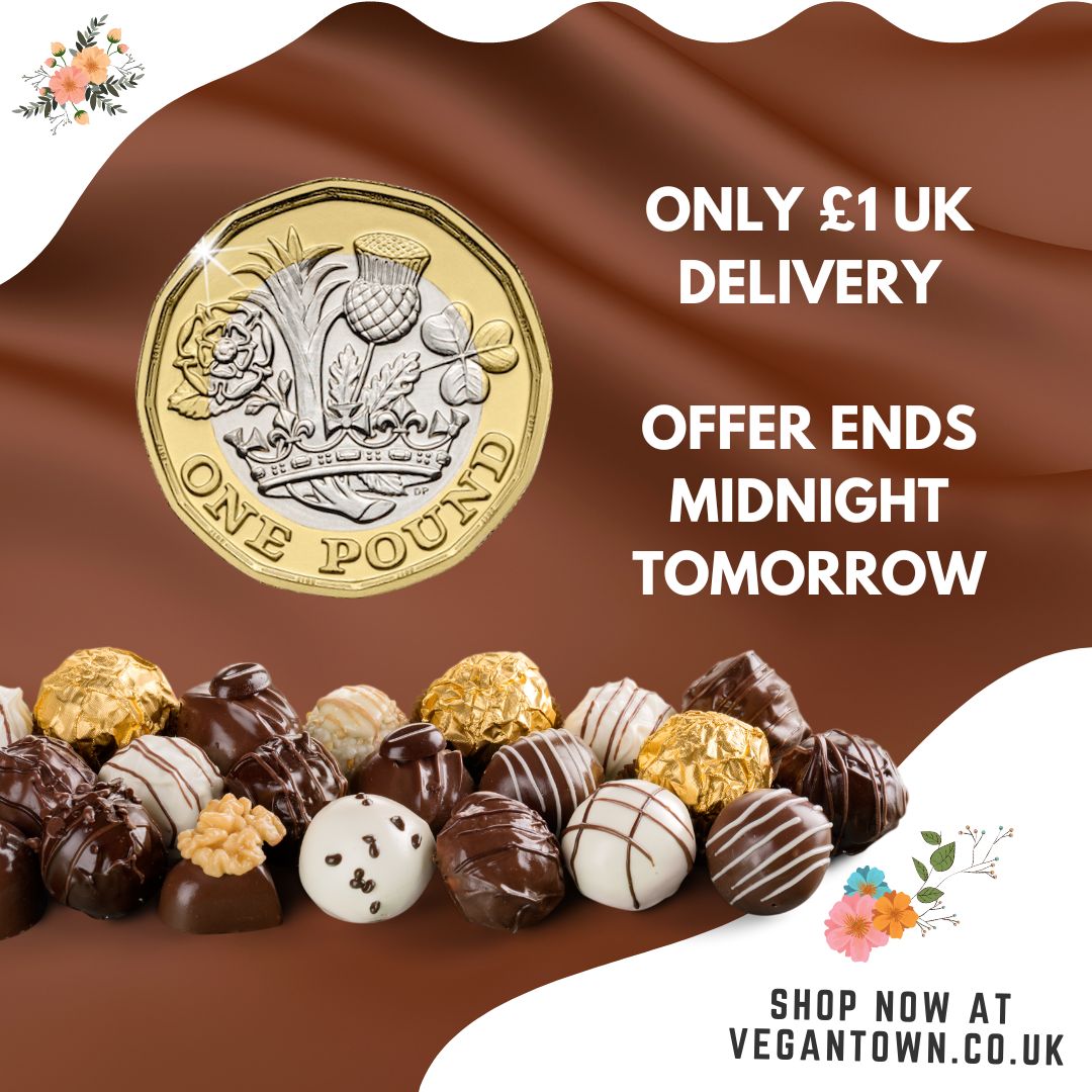 £1 UK delivery on all orders at vegantown.co.uk  ⏰That's an 80% saving over our usual rate. Now's the perfect time to treat yourself or gift that special someone. 🤎
OFFER T&amp;C: Ends Tuesday 6th June 23:59. £1 promotional rate applies to UK orders over £8 only. #veganfood