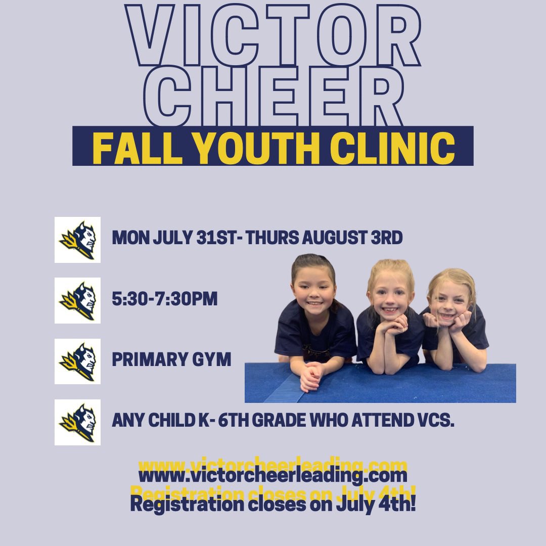 💛 Youth Clinic is BACK! 

💙 Let’s get back to the basics and work with the Varsity Cheerleaders to prep for your youth season! 

📲 To register, click the link below

docs.google.com/forms/d/e/1FAI…

For details and more information, head to victorcheerleading.com