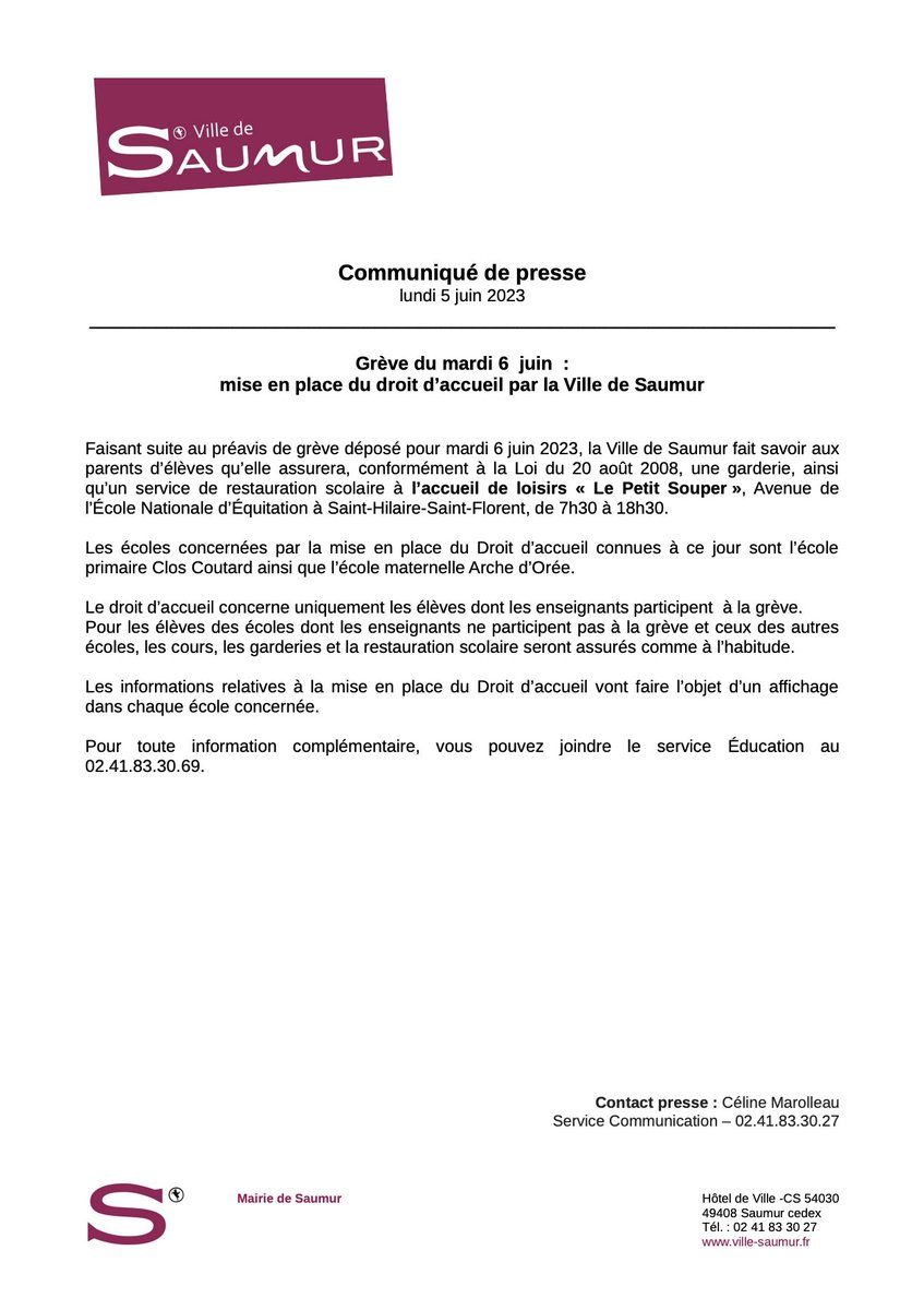 #Greve6juin : la Ville de #Saumur assurera une garderie & un service de restauration scolaire au Petit Souper de 7h30 à 18h30 pour les élèves concernés des écoles Clos Coutard et Arche d’Orée
