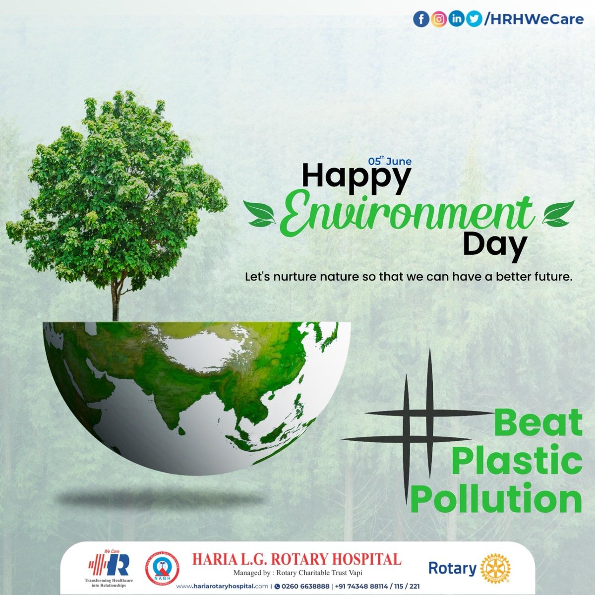 Breathe in the fresh air, show the Earth we care. Celebrating World Environment Day, a reminder to repair and share.

#worldenvironmentday #DoctorAppointment #healthcare #HRHWeCare #RotaryVapi #HariaLGRotaryHospital #vapi #hospital #multispecialityhospital #health #treatment