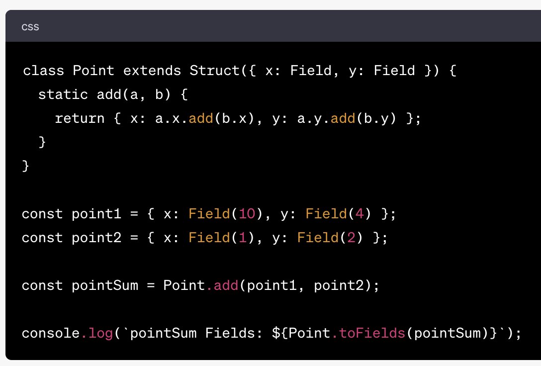 o1_labs's tweet image. 3⃣Struct: The Struct type allows you to create compound data types in #SnarkyJS. You can define your own Struct types with methods to act upon the data. Check out this example implementing a Point structure: