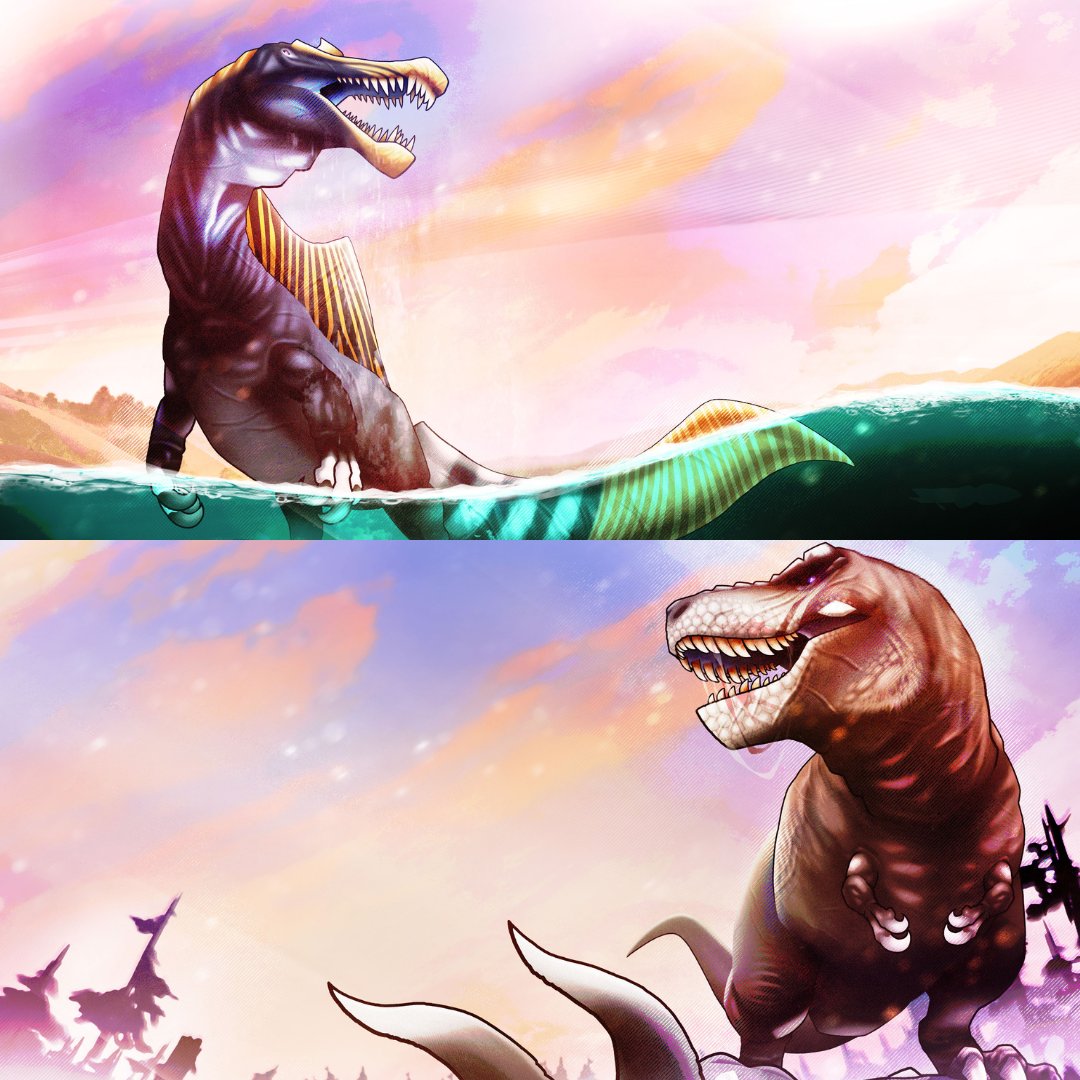 which apex predator would win in a fight: 

🌊 Spino
OR
🦖 @SUEtheTrex? 

🎨: @rextoothstudios