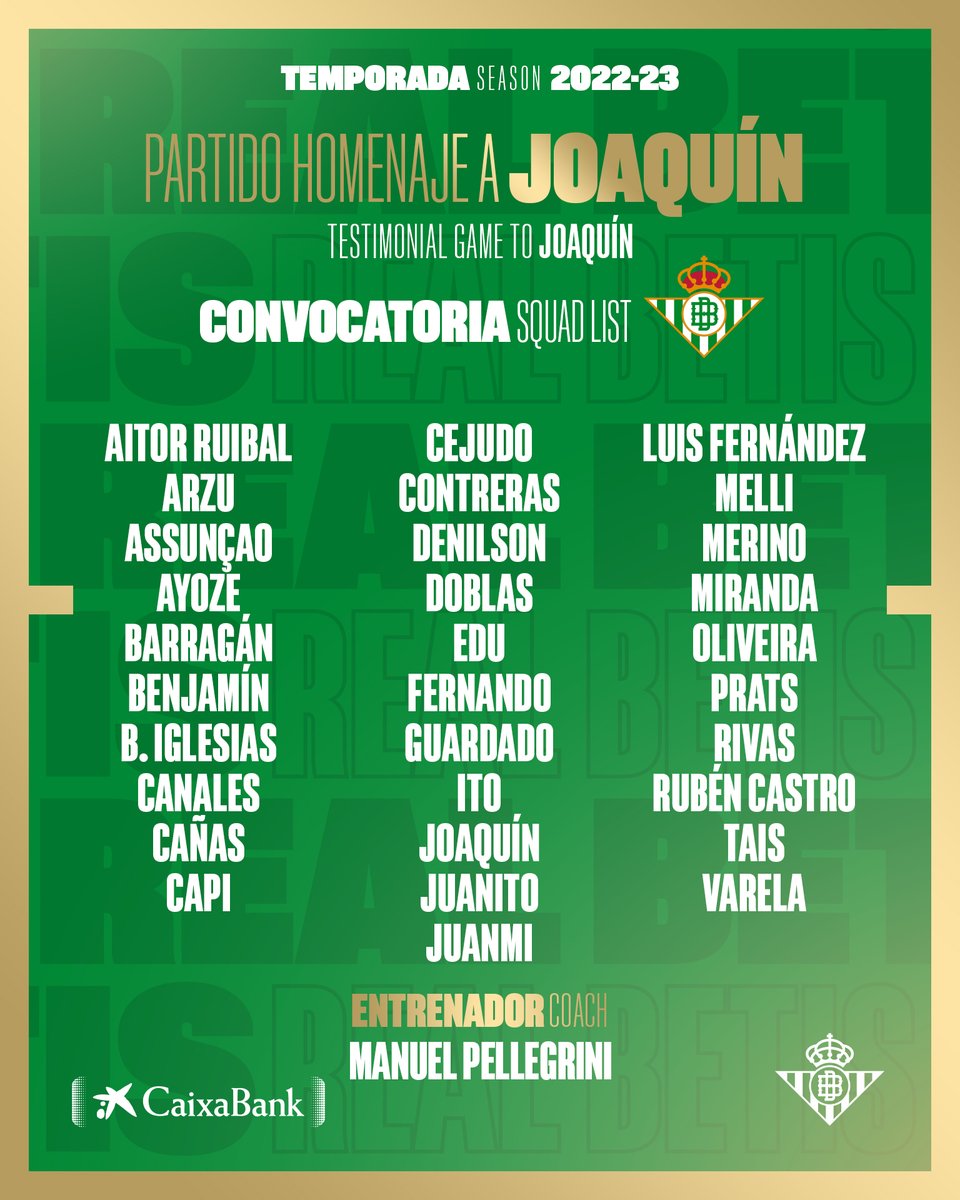💚🤍💚

¡Convocatoria confirmada del equipo #RealBetis para el partido homenaje a #Joaking!