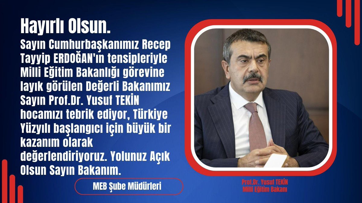 Milli Eğitim Bakanlığı’nda “Müsteşar” olarak görev yaparken tartışmasız değerli bir iz bırakan kıymetli meslek büyüğümüz şimdi ise Milli Eğitim Bakanı olarak bizlerin önünde Ülkemizin geleceğine imza atmaya hazırlanıyor.
#MebSubeMudurleri
#SnBakanimizYusufTekin
<a href="/Yusuf__Tekin/">Yusuf Tekin</a>