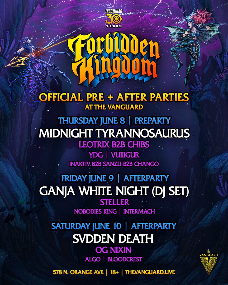 The Vanguard Orlando (@vanguard407) on Twitter photo This week is practically a festival of its own at #TheVanguard. 😮💨 Join us this Thursday, Friday, and Saturday for the official <a href="/FKMusicFest/">Forbidden Kingdom Fest 🏰🛡⚔️</a> Pre and After Parties featuring <a href="/Midnightasaurus/">Midnight Tyrannosaurus</a>, <a href="/GanjaWhiteNight/">Ganja White Night</a>, <a href="/svddendeath/">SVDDEN DEATH</a>, and more! 🔥 Tix → thevanguard.live/events This week is practically a festival of its own at #TheVanguard. 😮💨 Join us this Thursday, Friday, and Saturday for the official <a href="/FKMusicFest/">Forbidden Kingdom Fest 🏰🛡⚔️</a> Pre and After Parties featuring <a href="/Midnightasaurus/">Midnight Tyrannosaurus</a>, <a href="/GanjaWhiteNight/">Ganja White Night</a>, <a href="/svddendeath/">SVDDEN DEATH</a>, and more! 🔥 Tix → thevanguard.live/events