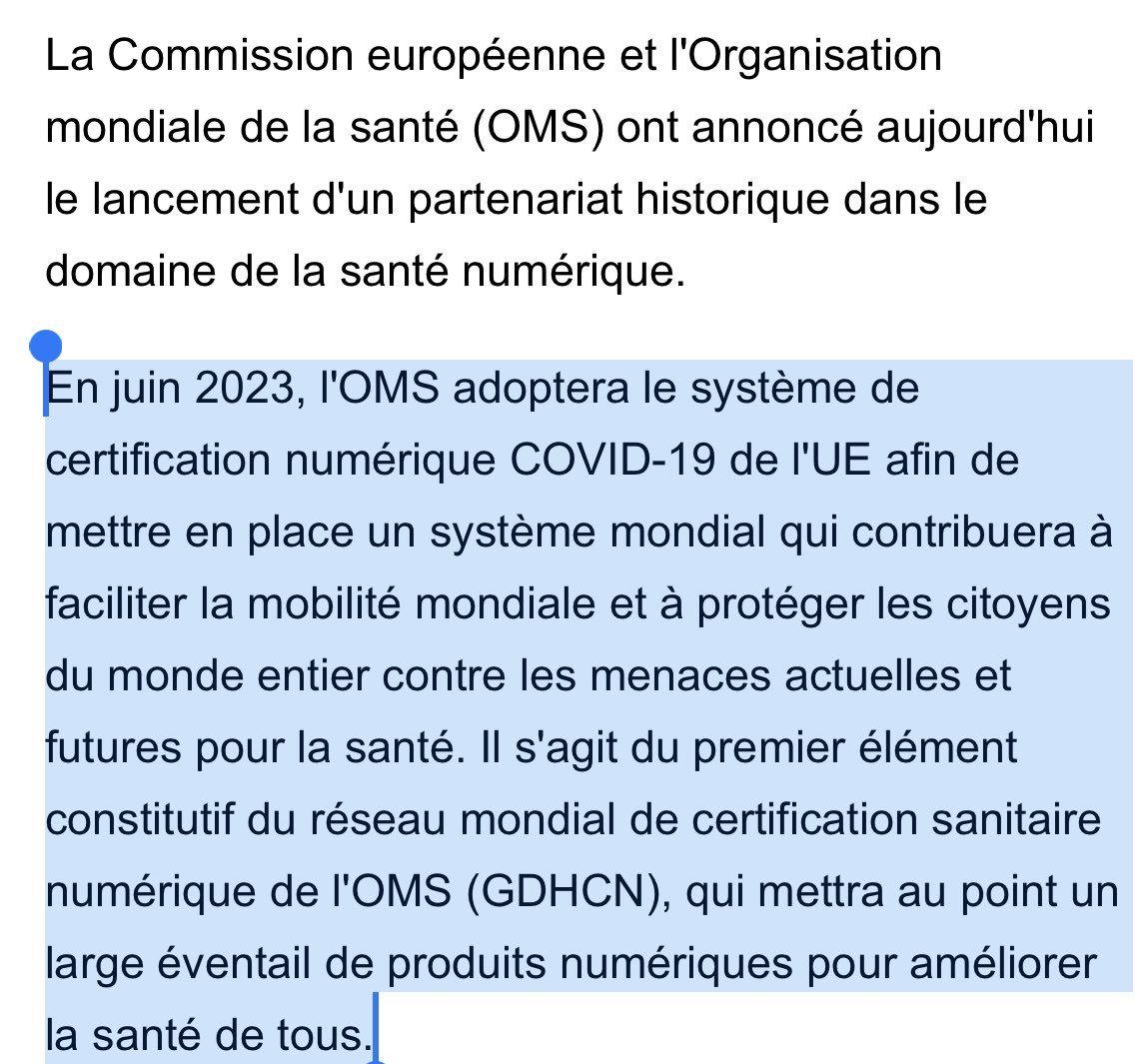 L’UE et l’OMS annonce signer un partenariat ce jour pour étendre au niveau mondial le « certificat numérique covid » de l’UE ! C’est à dire la possibilité  d’un Pass sanitaire aux frontières sur le modèle de ce qu’a fait l’UE !

Servira-t-il pour la « maladie X » ?!
Stop ! 
Cf ⤵️