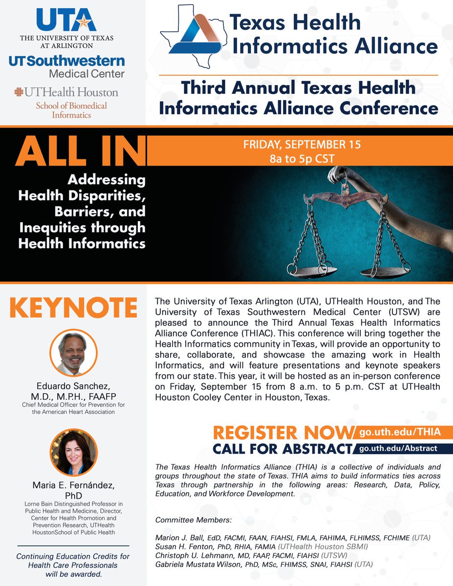 TexasHIAlliance's tweet photo. Final week! The #THIA23 Conference on Sept. 15 is currently accepting abstracts. The abstract submission deadline for “ALL IN: Addressing Health Disparities, Barriers, and Inequities through Health Informatics” is June 9, 11:59 pm CDT. @UTHealth_SBMI @CIC_UTSW @mavsMICHI https://t.co/3rb1UWVuPy
