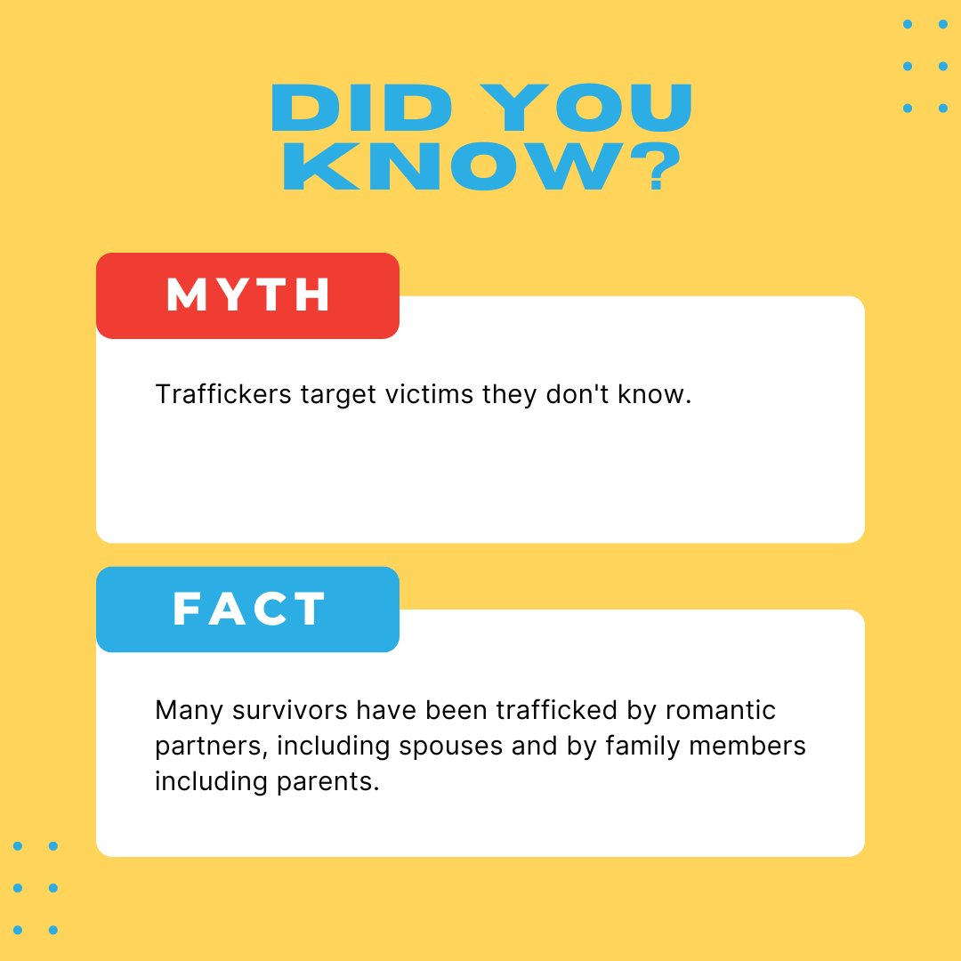 🚫MYTH: Traffickers target victims they don't know.🚫

✅✅FACT: Many survivors have been trafficked by romantic partners, including spouses, and by family members including parents.✅✅

#MSAHT #NoMoreMS #humantraffickingawareness #mississippiansagainsthumantrafficking