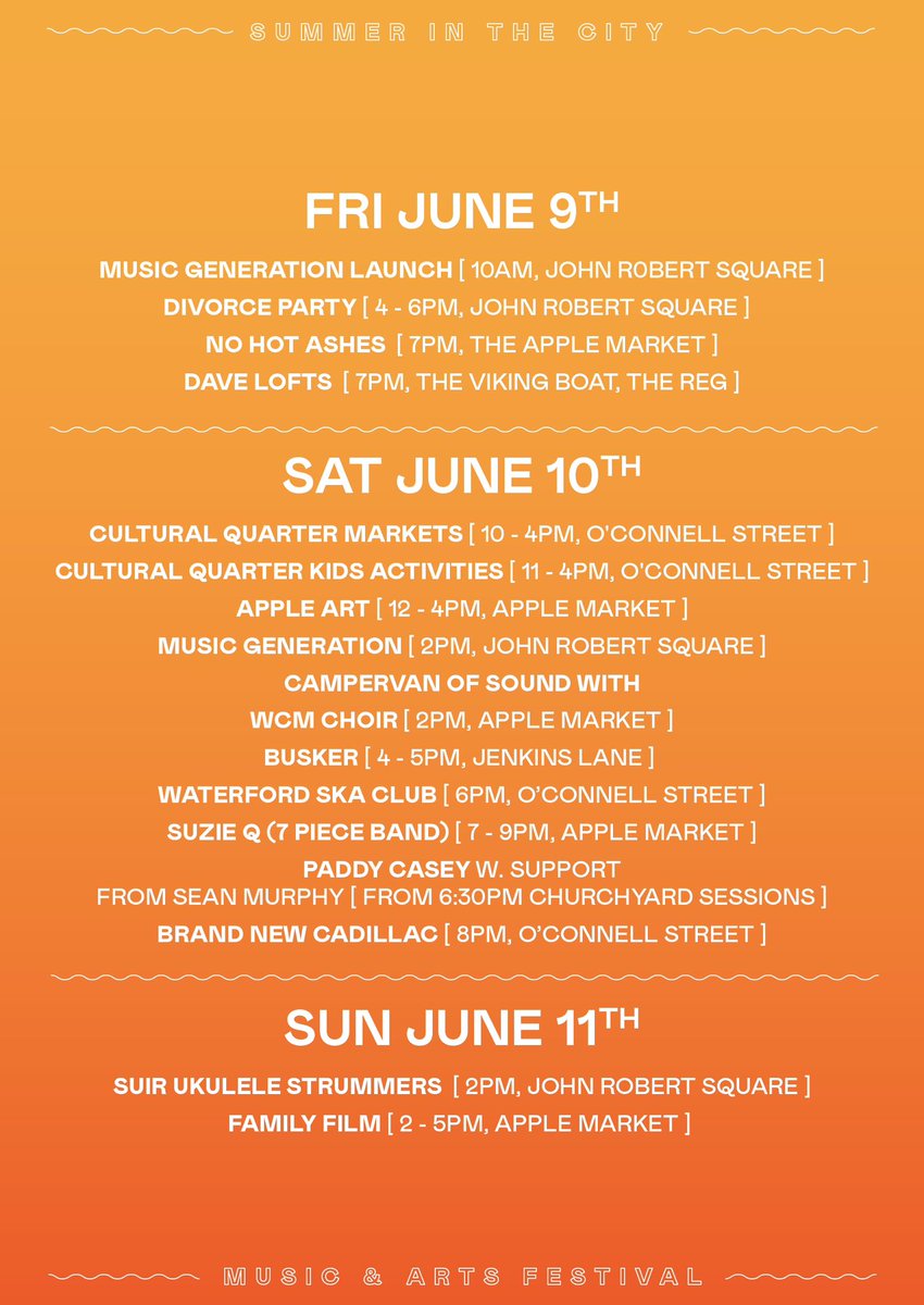 June 9th-June 11th
Next weekends Summer in the City Line up ✌️

gofund.me/54eec49c 💰

<a href="/WaterfordCounci/">Waterford City & County Council</a> <a href="/WaterfordLive/">WaterfordLive</a> <a href="/WaterfordLibs/">Waterford Libraries</a> <a href="/ReginaldsTower/">Reginald's Tower</a>