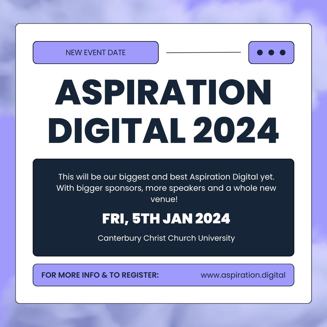 📆 2024 Date Announcement 📣📆

Our 2024 date for Aspiration Digital is now confirmed: Friday, 5th January at Canterbury Christ Church University! 🤩

Register your school: bit.ly/3YQoayW 

#aspirationdigital #careers #digitalcareers #digital #education #digitalskill ...