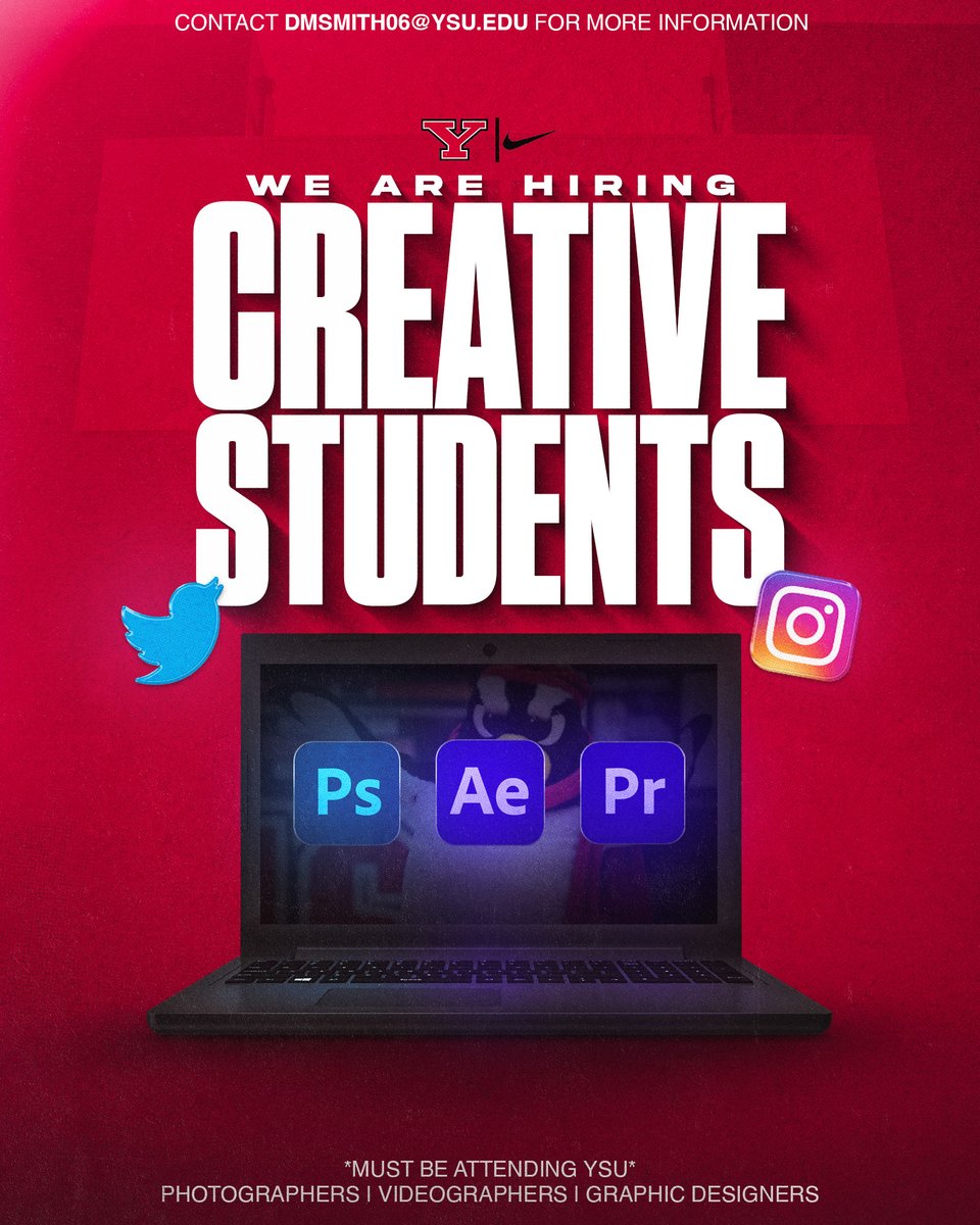 YSUsports's tweet image. We’re looking for talented, dependable student content creators &amp;amp; gameday workers to help take YSU Athletics to the next level! 

Staffing Needs:
Photographers
Videographers
Graphic Designers
On-Air Talent
Video production staff
Gameday workers

#GoGuins