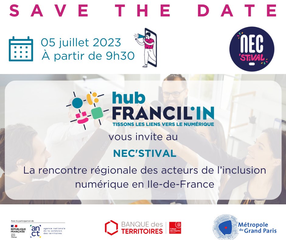 📣 SAVE THE DATE! 📅

Le NEC'STIVAL arrive en Ile-de-France le 5 Juillet 2023 au Jardin21 à Paris, organisé par le Hub Francil'IN.

Préinscrivez-vous dès maintenant au NEC'STIVAL et soyez prêt à élargir vos horizons numériques ➡️ shorturl.at/dILQT

#InclusionNumérique
