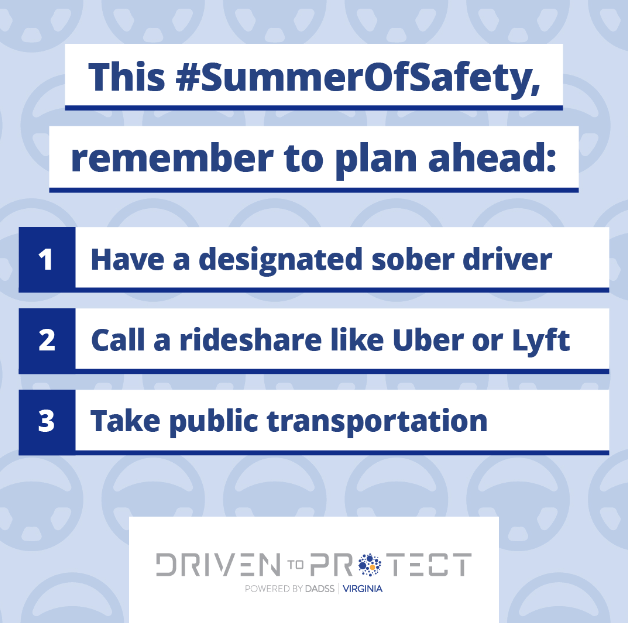 Driving impaired affects everyone on the road. This summer, make a plan before you go out. Have a designated #sober driver, or call a rideshare like #Uber or #Lyft & follow our partners to learn about #SoberRide initiatives throughout Virginia. #SummerOfSafety @VirginiaDMV #PWCPD