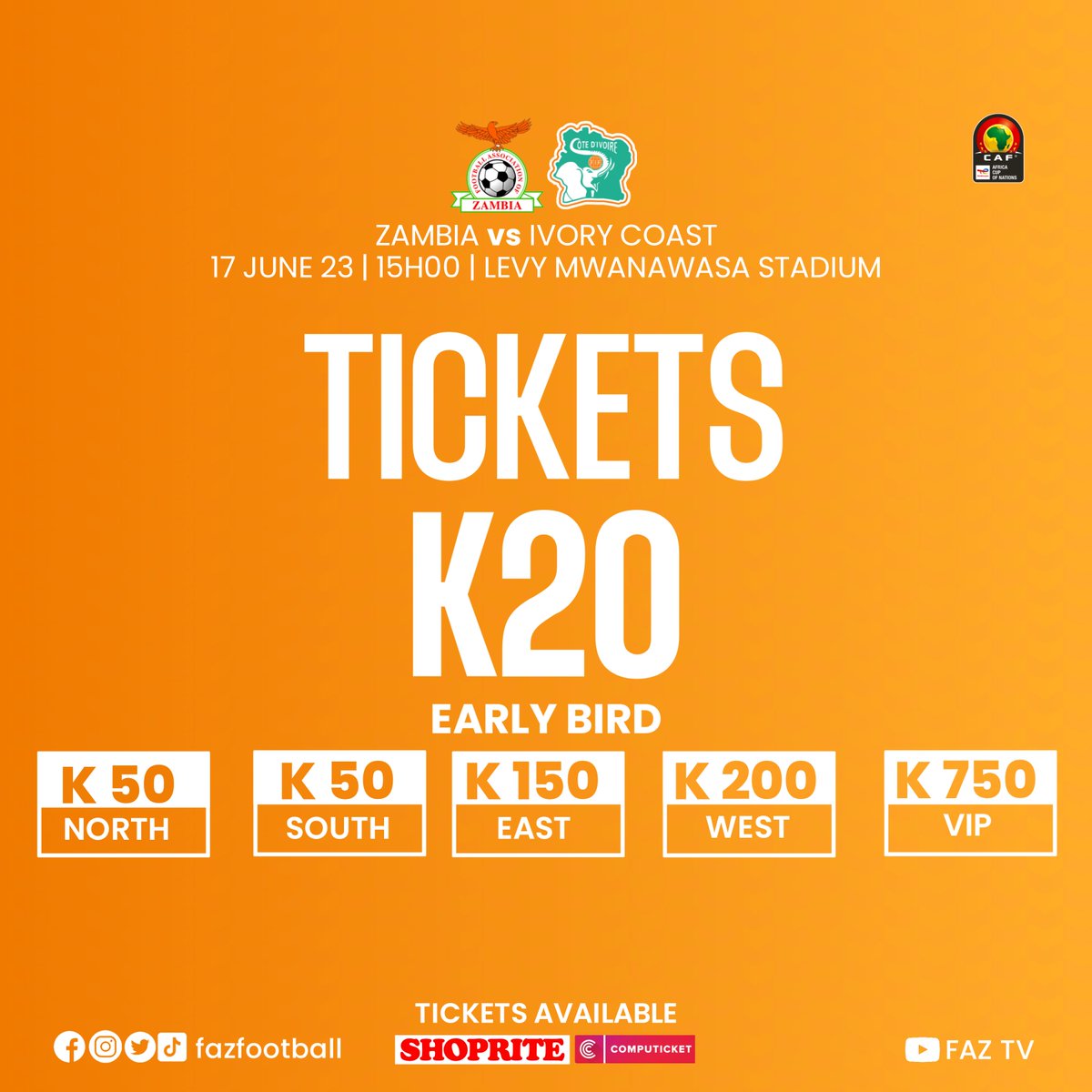 FAZ on Twitter "Zambia Vs Ivory Coast Tickets Available now at