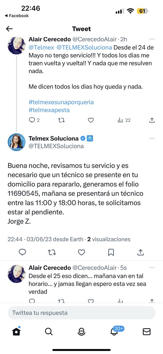 CerecedoAlair's tweet photo. @TELMEXSoluciona Desde el 24 de mayo no dan solución!!! Solo se burlan de mi persona. Mañana vamos y nada ... https://t.co/keVCFhZGWS