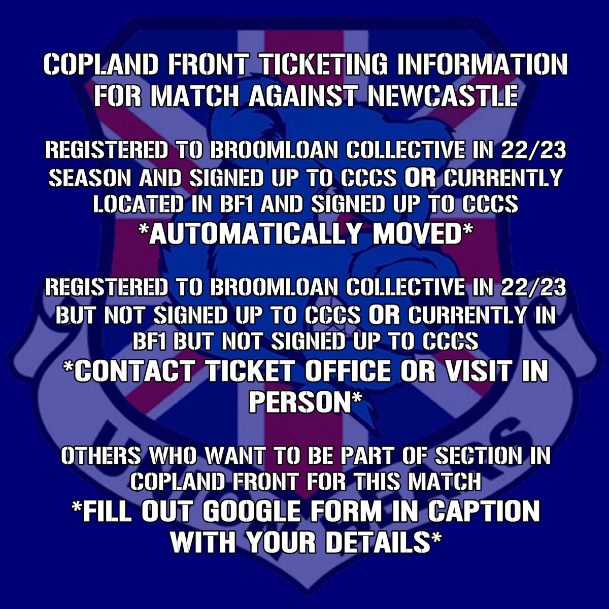 Copland Front ticketing information for the upcoming match against Newcastle.

For those wanting to participate in the Copland Front section for this match but were not part of Broomloan Collective for season 22/23 or a ST holder in BF1, fill in the form: forms.gle/AEbFSDSU5tUjwx…