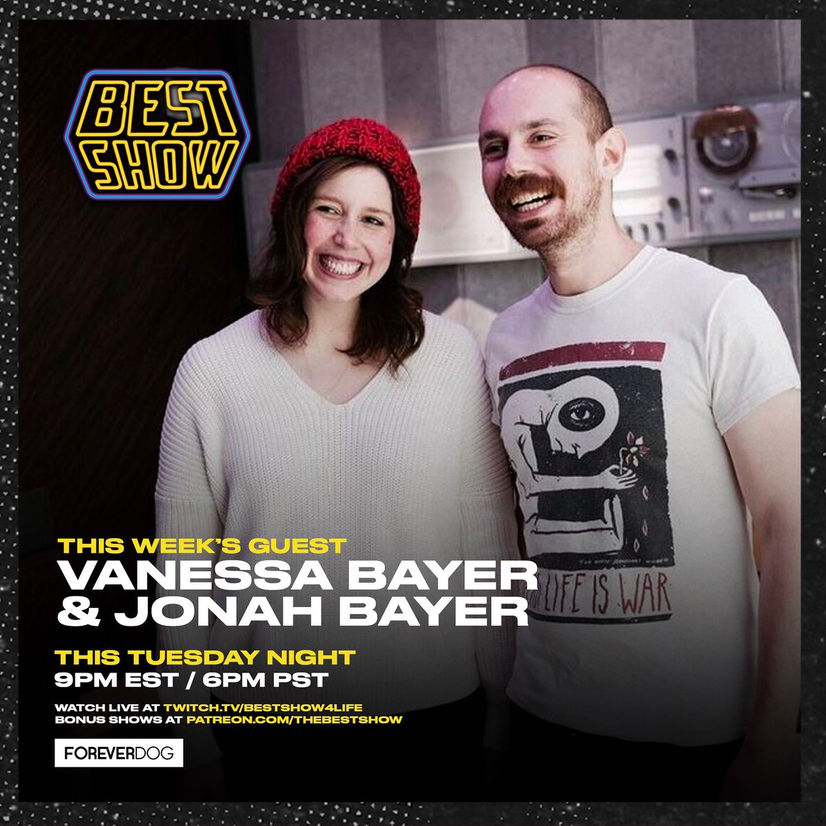 THIS TUESDAY NIGHT! @vanessabayer and @jonahmbayer join @scharpling LIVE on The Best Show!

*Live on Twitch Tues 9pm ET
➡️Twitch.tv/bestshow4life

*Podcast on Wednesday
➡️ linktr.ee/bestshow4life

*Video/Bonus Shows on Patreon
➡️Patreon.com/thebestshow