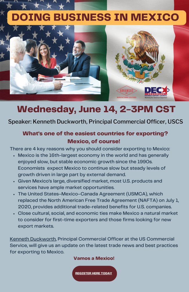Are you exporting south of the border? Join us and Kenneth Duckworth on June 14 for a free update on the latest trade news and best practices for exporting to Mexico. Register here today! conta.cc/43Dx0Cz