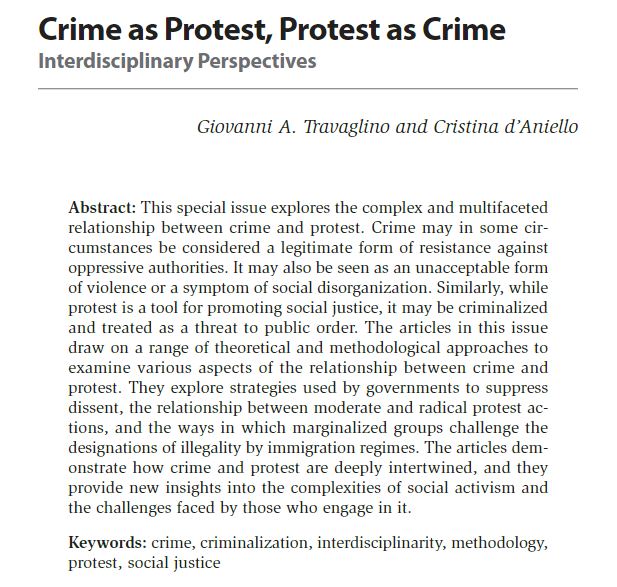 Dr Cristina d'Aniello (@_cdaniello_) on Twitter photo "Crime as Protest, Protest as Crime: Interdisciplinary Perspectives".
Check out this special issue on the multifaceted relationship between #crime and #protest that <a href="/GioTravaglino/">Giovanni Travaglino</a> and I worked on for <a href="/Contention_J/">Contention_Journal</a>
A huge 'thank you' to all the authors for their contributions! "Crime as Protest, Protest as Crime: Interdisciplinary Perspectives".
Check out this special issue on the multifaceted relationship between #crime and #protest that <a href="/GioTravaglino/">Giovanni Travaglino</a> and I worked on for <a href="/Contention_J/">Contention_Journal</a>
A huge 'thank you' to all the authors for their contributions!