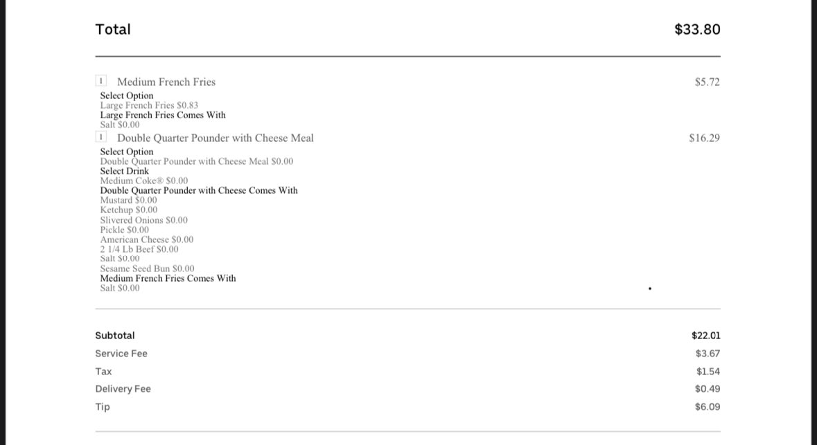 TechRivas's tweet image. Was hungover yesterday and didn’t want to leave the house. Decided to Uber eats when did the double quarter pounder become $16? 😳