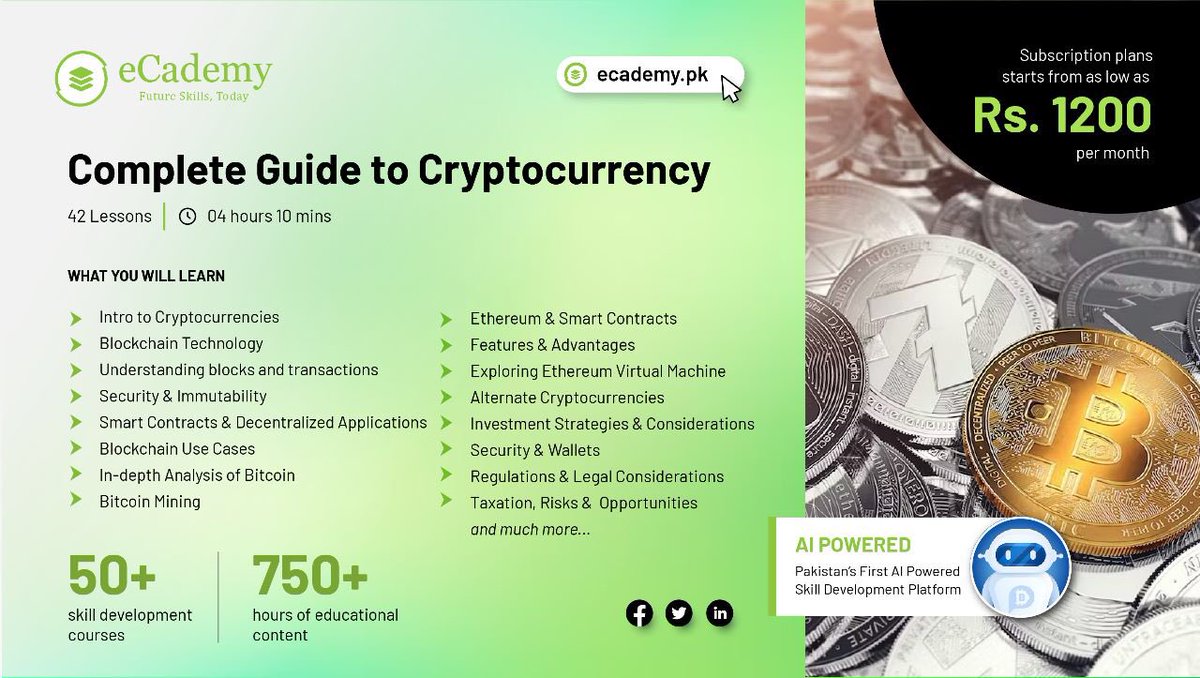 #Cryptocurrencies Course Is Launched Today At ECademy.pk. 

The most in-depth course developed with the help of #Ai. First time in Pakistan. 

Check out the course outline on Page 5 of All Courses section. 

Subscribe to to this course and get all courses access for