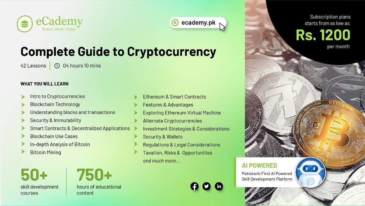 #Cryptocurrencies Course Is Launched Today At ECademy.pk. The most in-depth course developed with the help of #Ai. First time in Pakistan. Check out the course outline on Page 5 of All Courses section. Subscribe to to this course and get all courses access for…