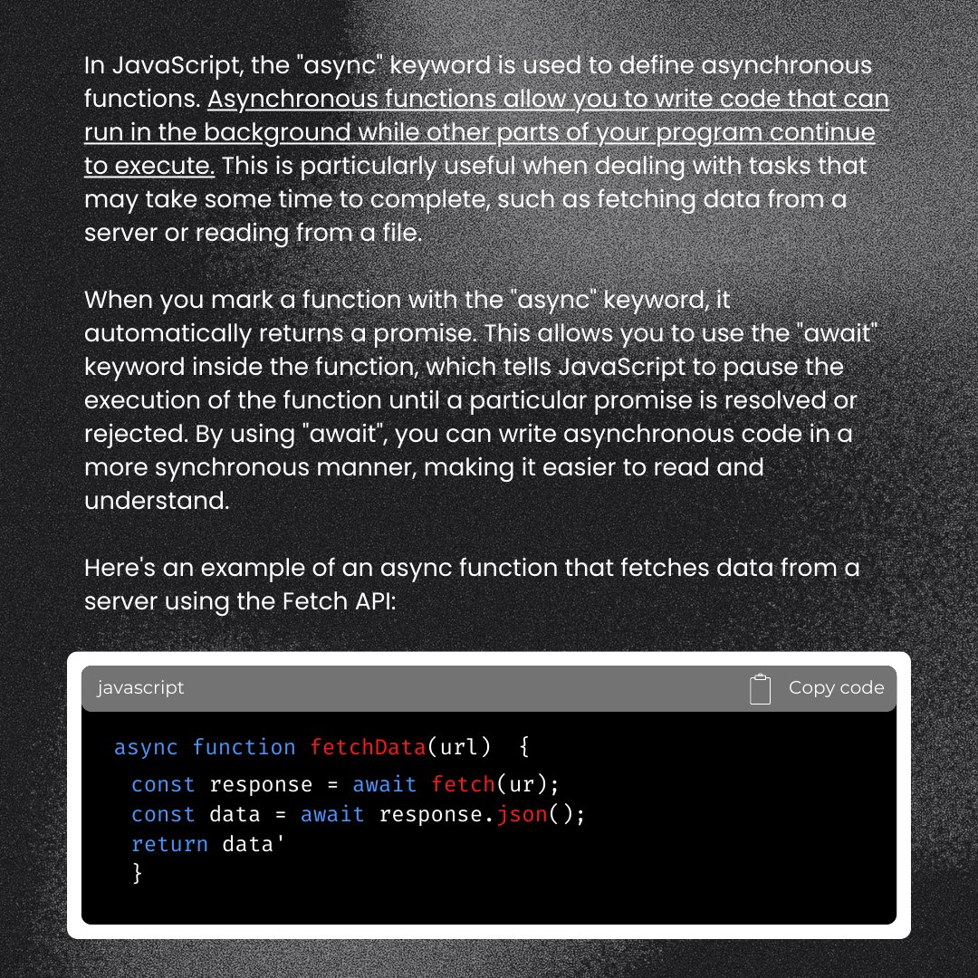 CreativeTeamIO's tweet image. Say goodbye to blocking operations! Harness the &apos;async&apos; magic in JavaScript and unlock a whole new realm of non-blocking, efficient code. 💫
.
.
#javascript #async #asynchronousdevelopment #developers #programmers #coders #coding #programmerslife #softwaredeveloper