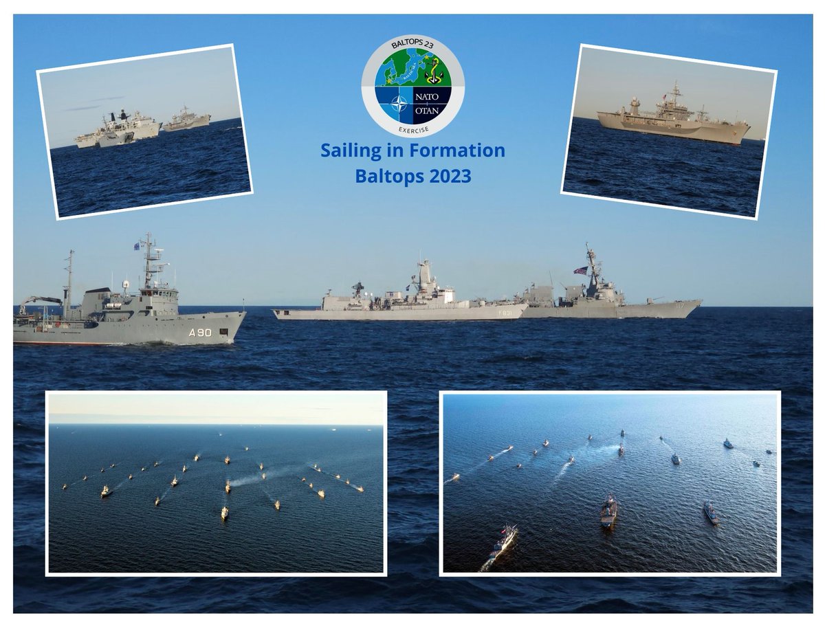 19 NATOAllies, 1 NATO partner , 50 ships, more than 45 aircraft, and approximately 6,000 personnel started BALTOPS23 strong, with a ship formation steaming through the BalticSea .
Photo's via :@STRIKFORNATO , @COM_SNMCMG1 ,@wilco_faber , @CO_VLRD , @Jaringma