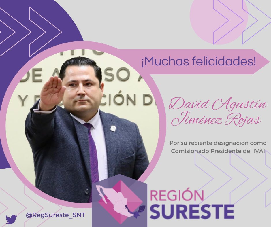 Los Organismos Garantes que integramos la <a href="/RegSureste_SNT/">Región Sureste del SNT</a> felicitamos a David Jiménez, por su reciente elección como Comisionado Presidente del <a href="/VERIVAI/">IVAI</a>.

¡El mejor de los éxitos en esta nueva encomienda!

<a href="/Cotaipec/">Cotaipec</a>
<a href="/ItaipChiapas/">ITAIPCH</a>
<a href="/OGAIP_Oaxaca/">OGAIP Oaxaca 🇲🇽</a>
<a href="/IDAIPQRoo/">IDAIP QROO</a>
@itaiptabasco
<a href="/Inaip/">Inaip Yucatán</a>
