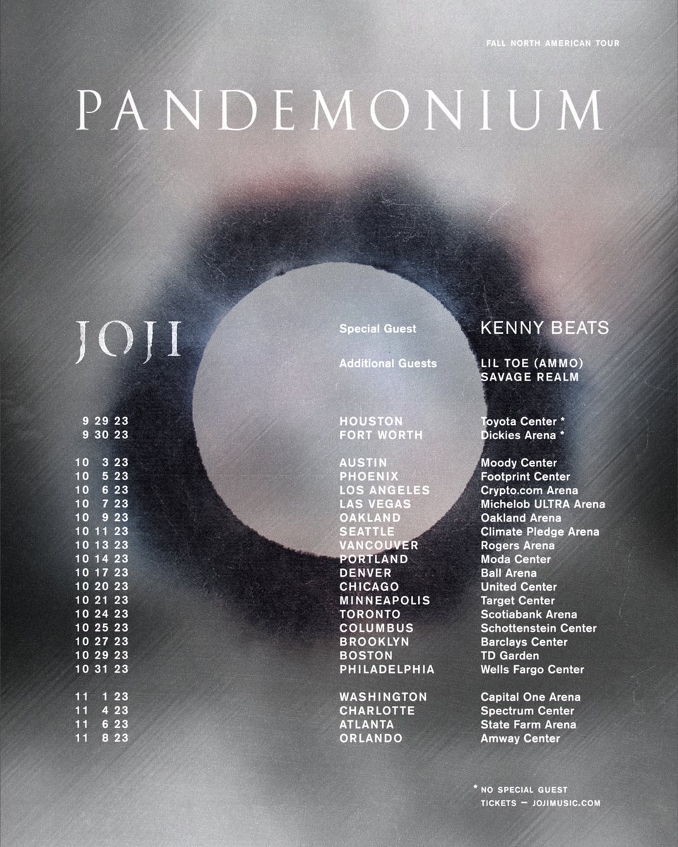 PANDEMONIUM NORTH AMERICAN TOUR

PRE-SALES START THIS WEDS JUNE 7th 2023 @ 10 AM LOCAL TIME

REGISTER FOR PRE-SALE ACCESS AT JOJIMUSIC.COM