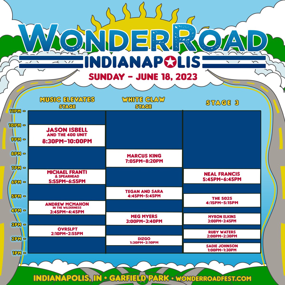 The Indianapolis Music Festival daily schedule has been updated. Please take note of the latest <a href="/WonderRoadFest/">WonderRoad</a> set times. 

For tickets, click wonderroadfest.com