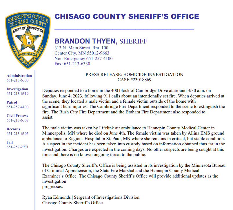 Chisago Co Sheriff on Twitter "PRESS RELEASE HOMICIDE INVESTIGATION CASE 23018869 An